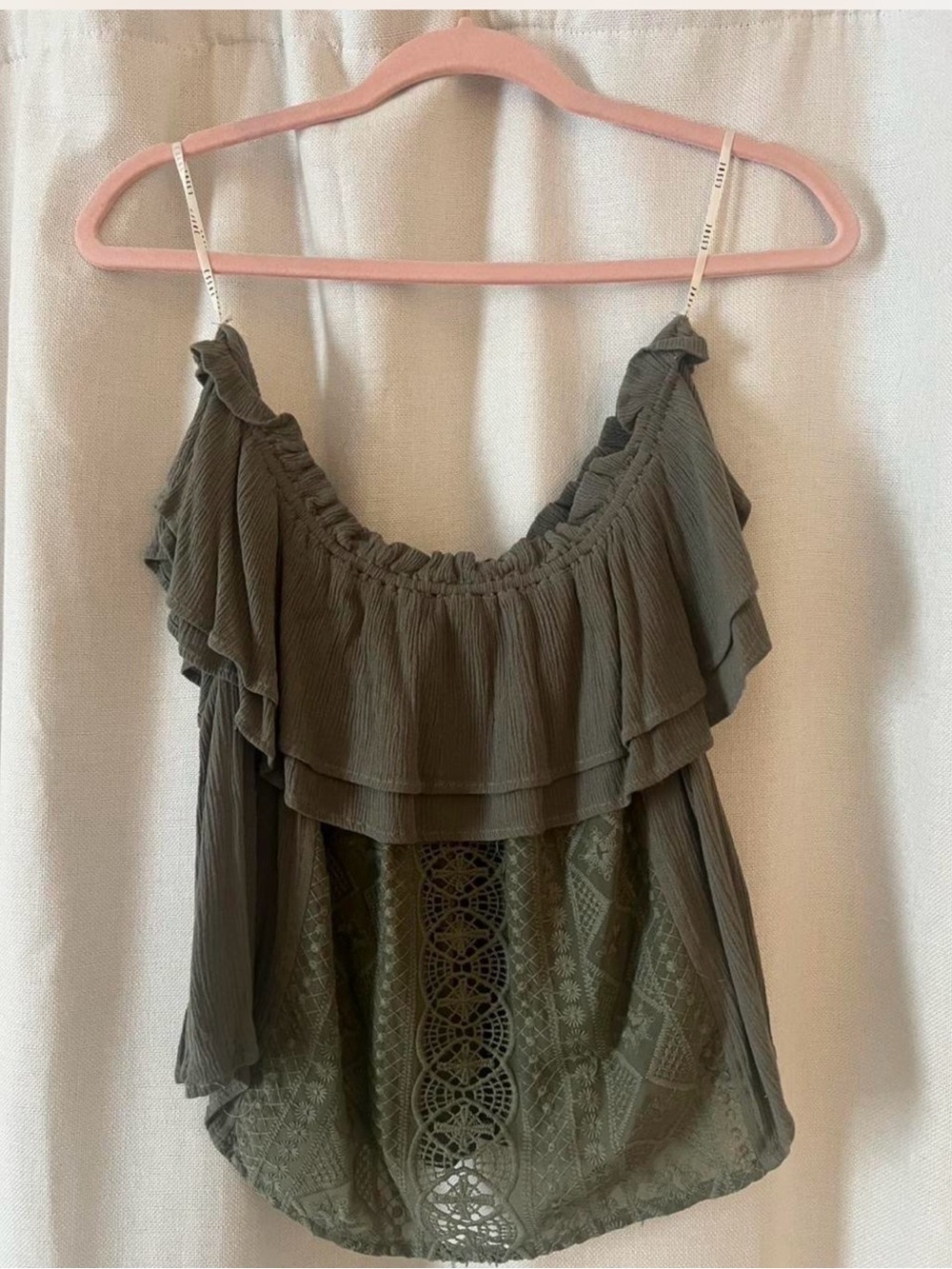 essue Olive Green Ruffle-Trim Crochet Off-Shoulder Top